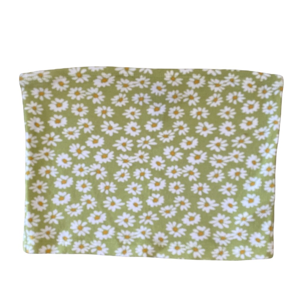 Ribbed Green Daisy Print Cropped Tube Top